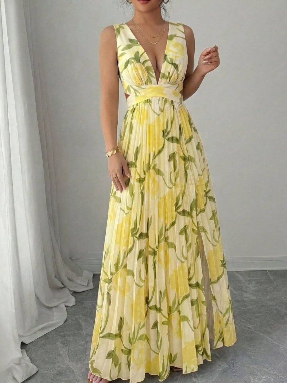 Light Yellow Boho Women's Sleeveless Tie-Waist A-Line Slit Floral Print Dress